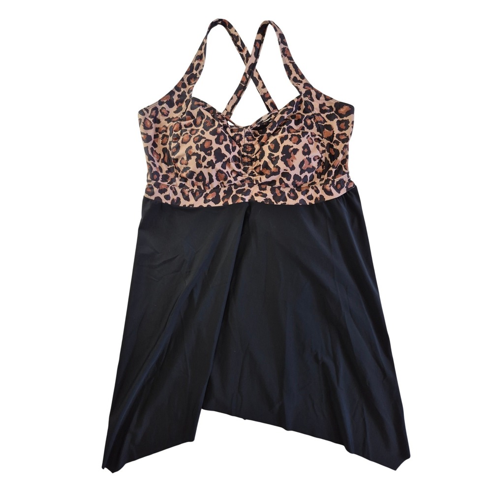 Daci Leopard Print‎ Asymmetrical Swim Dress Top Black Tan Animal Print 24W